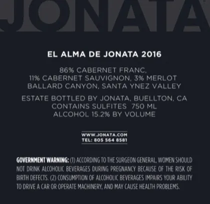 2016 Alma Back label
