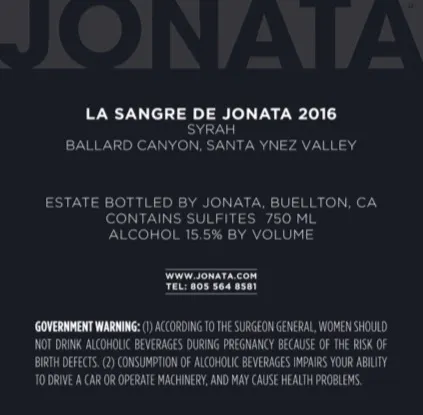 2016 Sangre Back Label