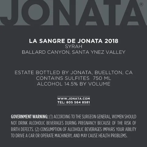 2018 Sangre Back Label