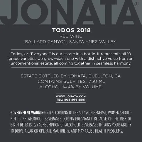 2018 Todos Back Label